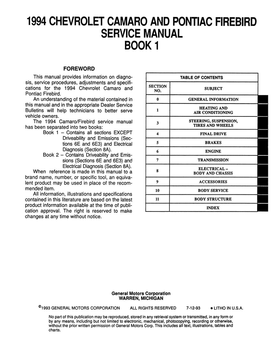 1994 Camaro Firebird Service Manual 2 Volume Set Jackson Automotive