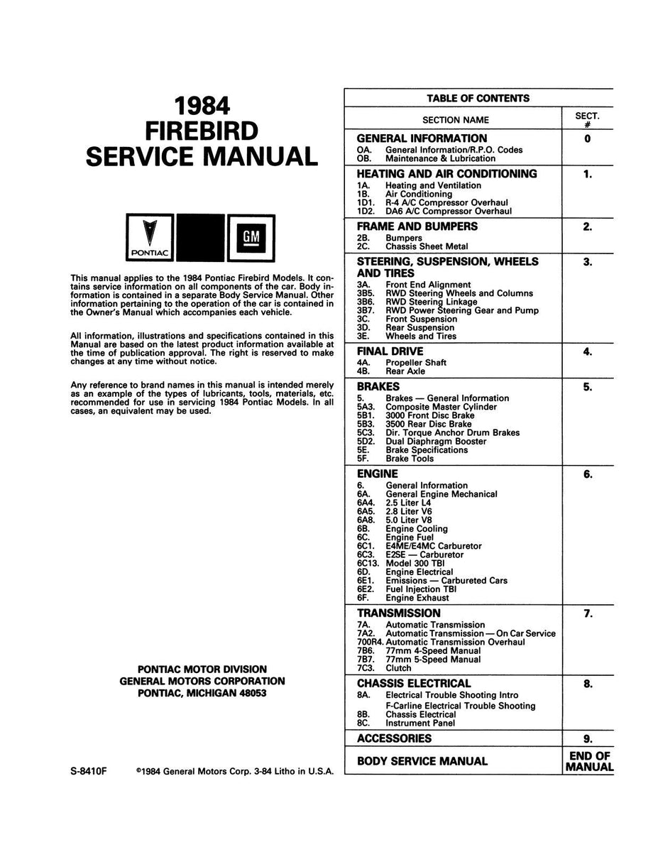 1984 Pontiac Firebird Service Manual Jackson Automotive Products