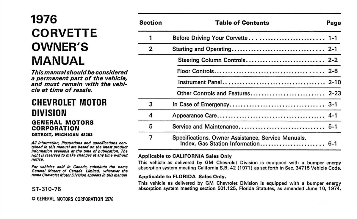 1986 CHEVROLET CORVETTE OWNERS MANUAL visual data 8