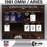 1981 Dodge Omni Aries Plymouth Horizon Reliant Shop Owner Manuals Parts Book USB